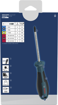 Set obeng Bosch PH/TX/SL 6 buah dengan gagang krom vanadium.